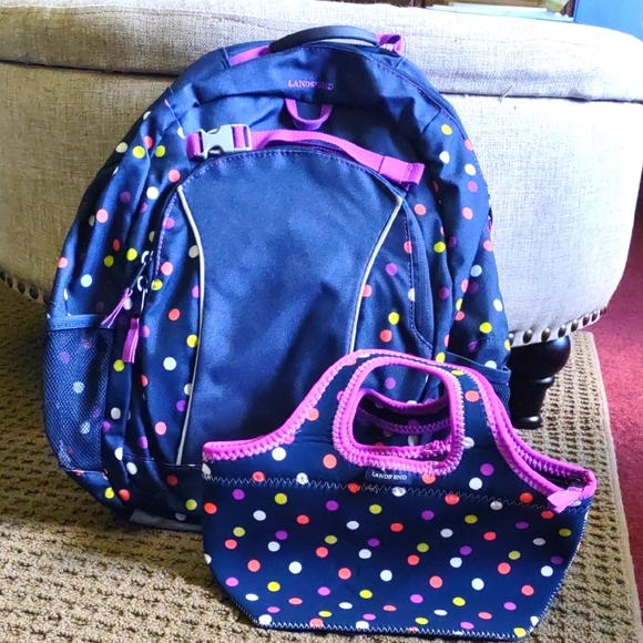 NEW Lands' End Backpack And Lunchbox Set Navy Dot Classmate Lunch Bag - Picture 1 of 7